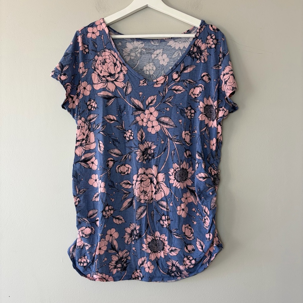 Motherhood Maternity Blue and Pink Floral‎ V-Neck Tee Shirt XL